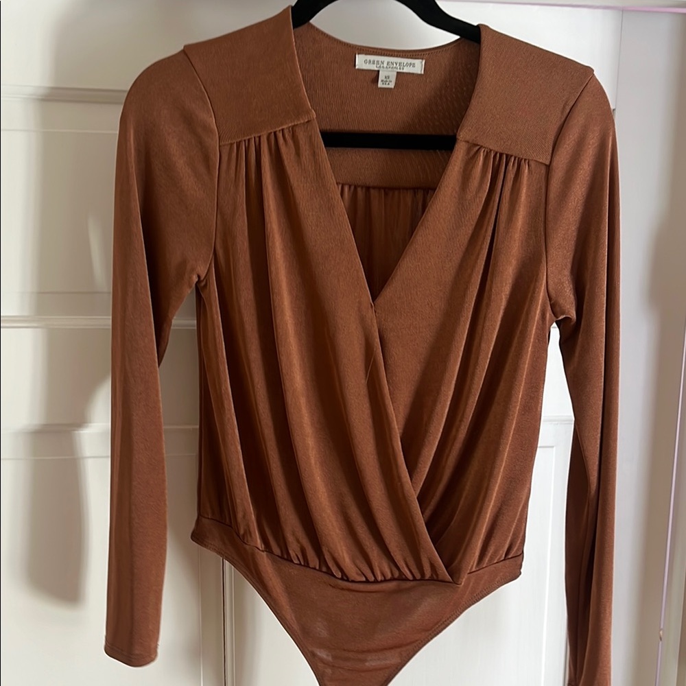 Green Envelope Brown Long Sleeve Wrap Bodysuit